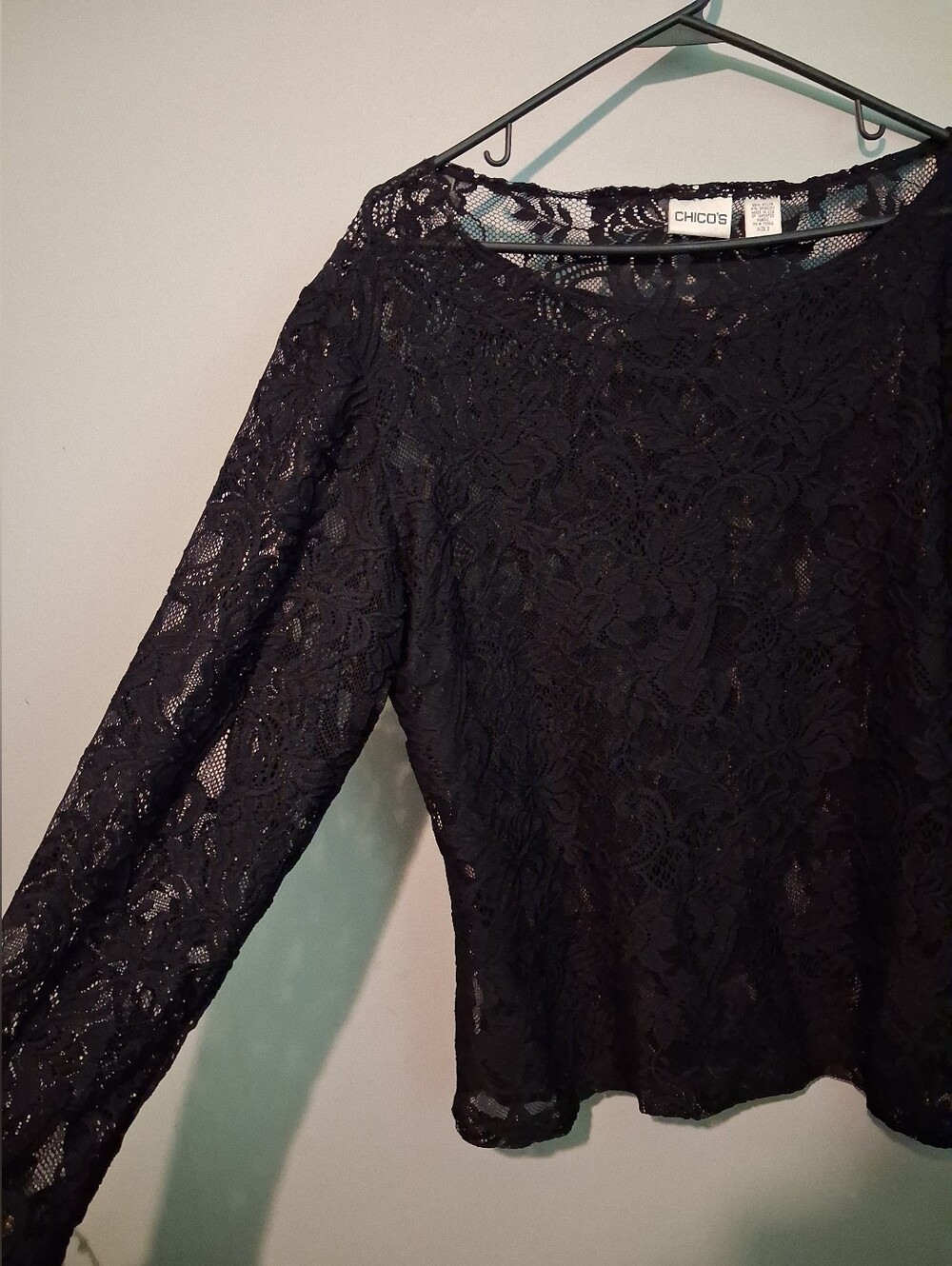 Y2K Chico's Lace Black Top Size 3, US 16 Sheer Floral Mesh Whimsigoth Fairy Boho